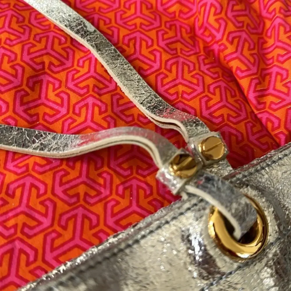 Tory Burch Metallic Silver logo T  tote Shoulder Bag.